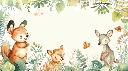 Naklejka premium Soft watercolor frame with cute plants and animals, providing a whimsical backdrop for text.