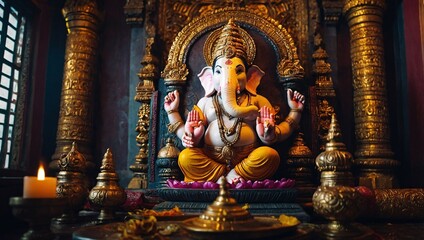 Fototapeta premium Temple interior with Ganesha statue, wallpaper design, high contrast