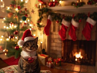 Cat in a Santa hat sitting by the fireplace with gifts