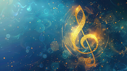 International Strange Music Day. World Music Day. Abstract background with golden music note and light effect on blue background. Concept of musical and concert banner or poster. Copy space area 
