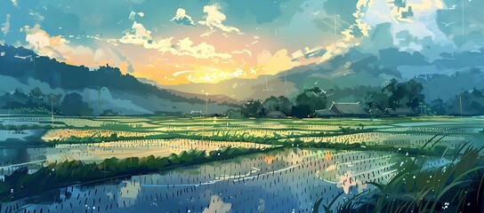 Tranquil Sunset Over Lush Paddy Fields and Hills