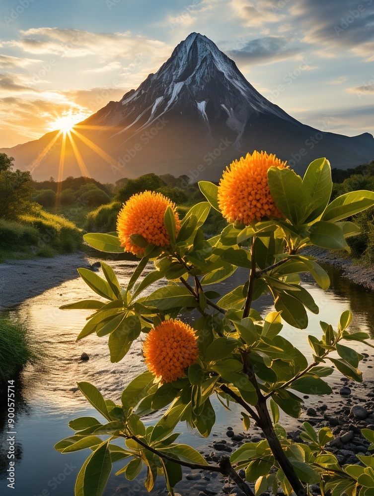 Poster mountain and blossoms