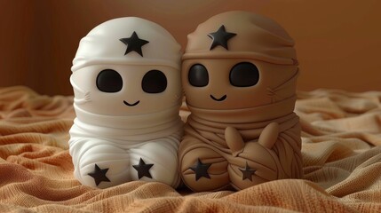Cute Mummy Characters with Stars on a Brown Fabric Background