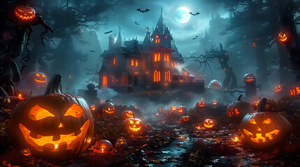 Obraz premium Glowing Jack-o'-Lanterns and a Haunted House in a Moonlit Forest Creating a Spooky Halloween Atmosphere
