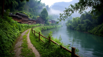 Fototapeta premium Serene landscape featuring a winding path beside a tranquil river, surrounded by lush greenery and misty mountains.