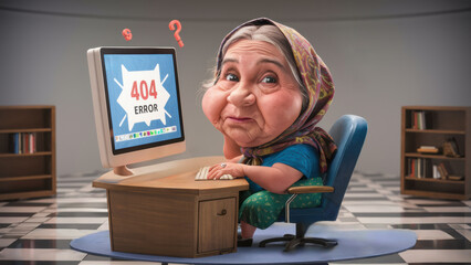 A cartoon image of a woman sitting at the computer with her head on top, AI