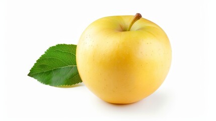 Crisp golden apple with a fresh leaf, high-resolution, isolated against a white background, perfect for commercial use
