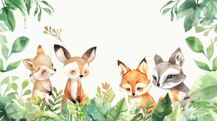 Fototapeta premium Watercolor frame with cute animals among lush plants, providing space for your message
