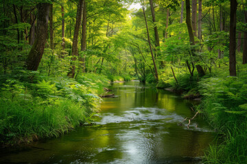 Obraz premium Serene River Flowing Through Lush Green Forest