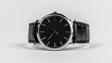 Elegant wristwatch with a black leather strap, isolated on a light background, spacious area for copy text, high-resolution details of the watch face