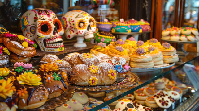 A bakery display filled with traditional Day of the Dead pastries, including pan de muerto and sugar skulls, all brightly decorated