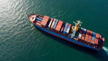 A container ship loaded with container boxes is docked, ready for import and export operations. The scene features a quay crane, symbolizing global trade, freight shipping, and the logistics