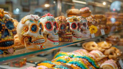 A bakery display filled with traditional Day of the Dead pastries, including pan de muerto and sugar skulls, all brightly decorated