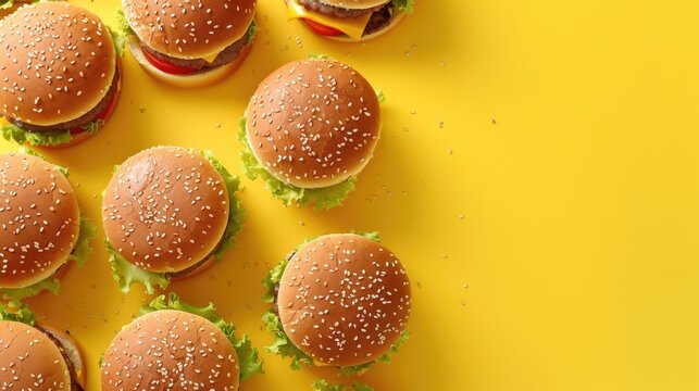 A plate with multiple hamburgers on a bright yellow background