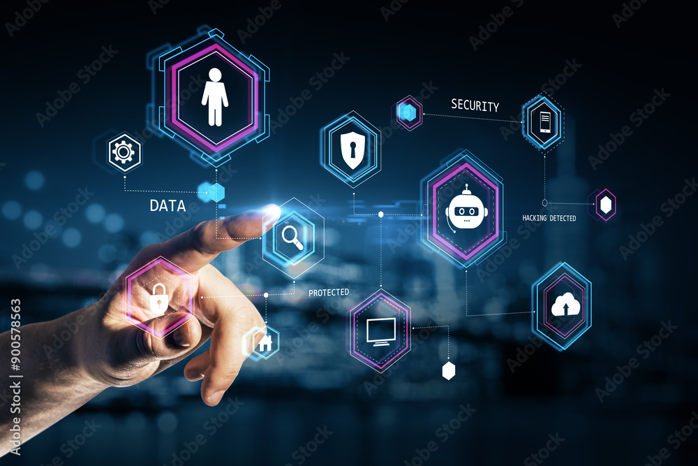Aufkleber hand interacting with digital holographic security interface, icons and data connections background.