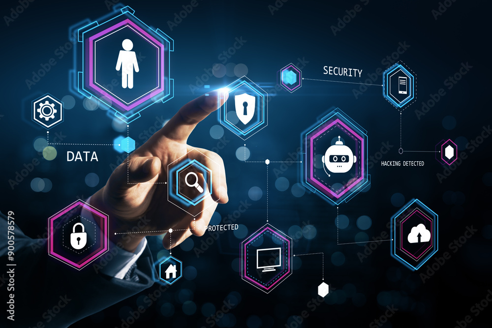 Poster Hand interacting with virtual interface displaying security and data icons on a dark background.