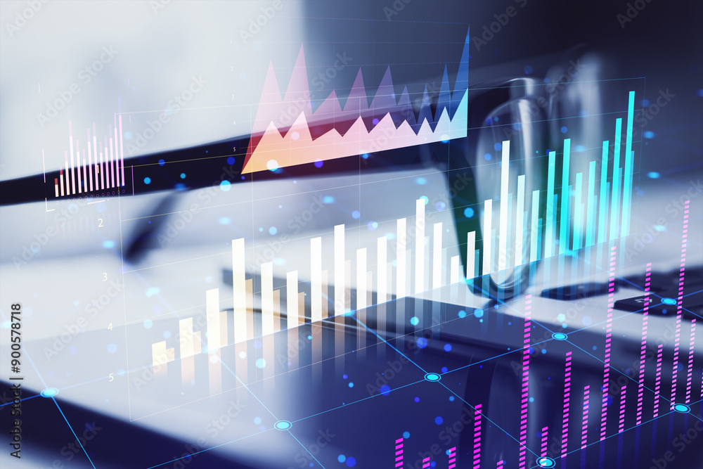 Aufkleber double exposure of financial graphs and charts on virtual screen with blurred background.