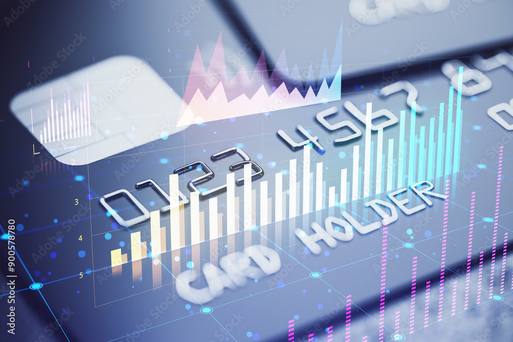 Aufkleber credit card with financial graphs and charts on a digital display.