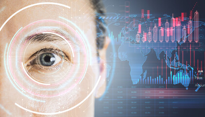 Close-up of human eye with digital financial data hologram overlay, world map, and charts.