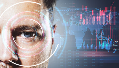 Close-up of a human eye with a futuristic digital interface overlay and global stock market graphs.