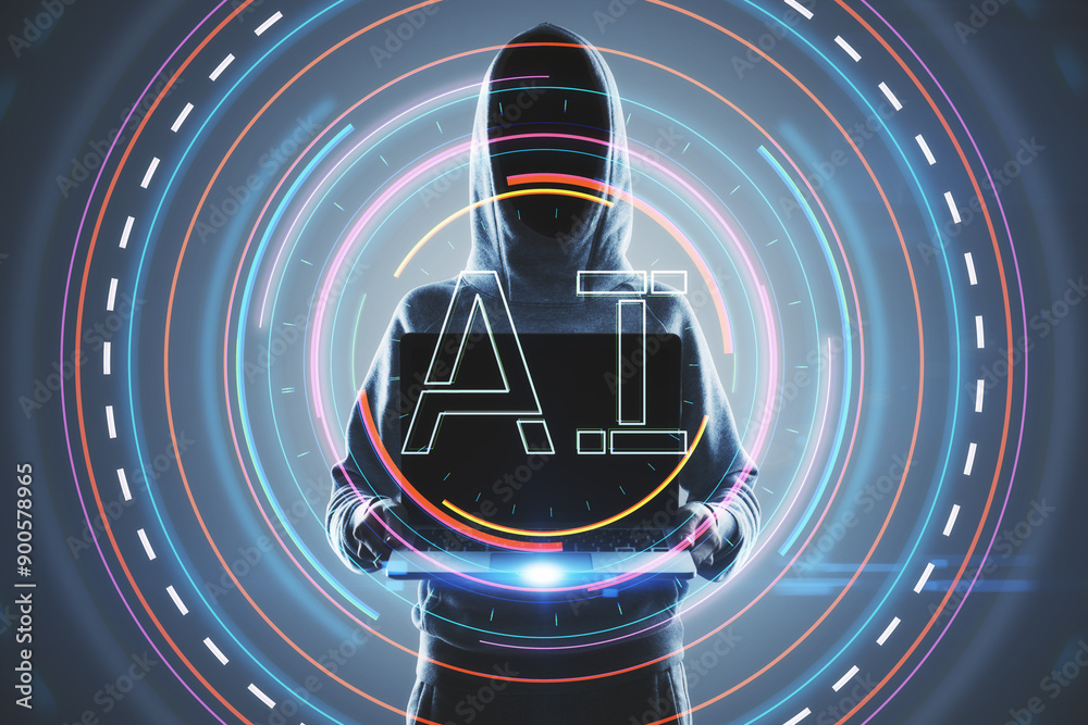 Poster cybersecurity concept with hooded figure and digital ai overlay.