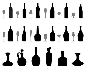 Silhouettes of bowls, bottles and glasses on a white background