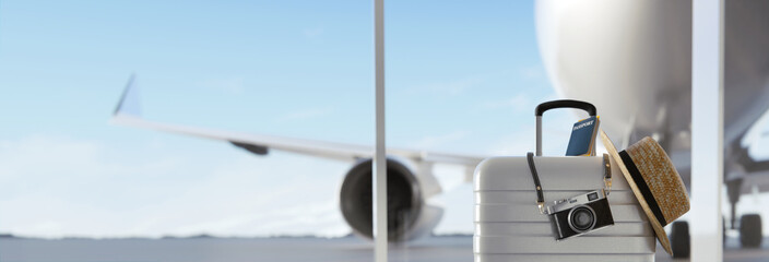 Suitcases at an airport terminal. Travel concept. 3d rendering