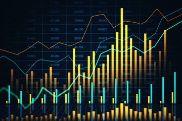 Financial data charts and graphs on a digital screen. 3D Rendering