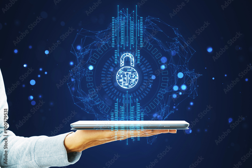Poster hand holding tablet with digital lock hologram on dark background. concept of cyber security and dat