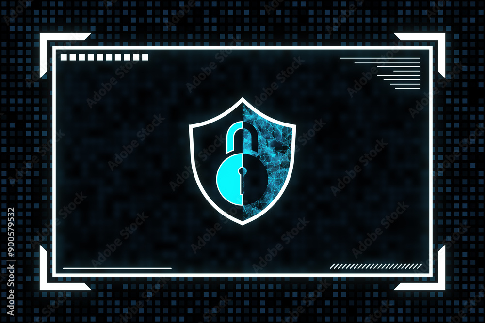 Poster Cybersecurity shield icon with digital effects on dark background. 3D Rendering