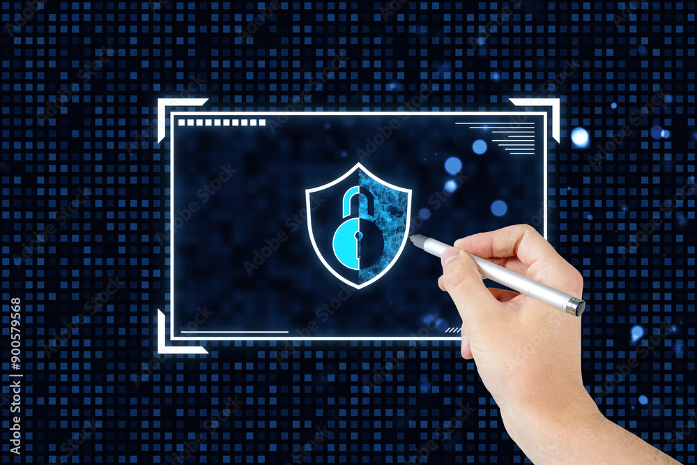 Poster Cybersecurity concept with shield and lock icon on digital background.