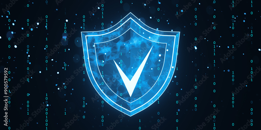 Aufkleber Digital shield icon with check mark on binary code background. 3D Rendering