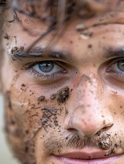 Intense Closeup of a Rugby Player's Rugged and Gritty Face Covered in Mud