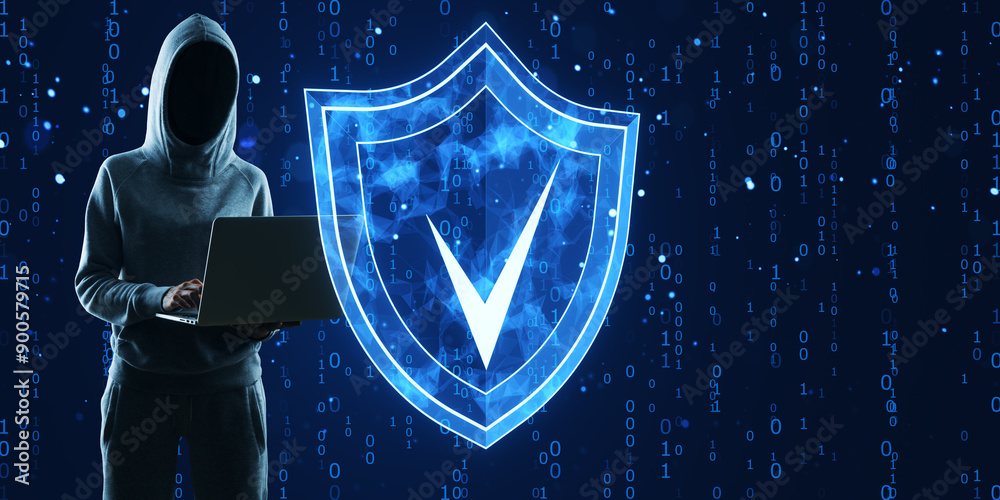 Poster Hooded figure with laptop and digital shield icon on binary code background.