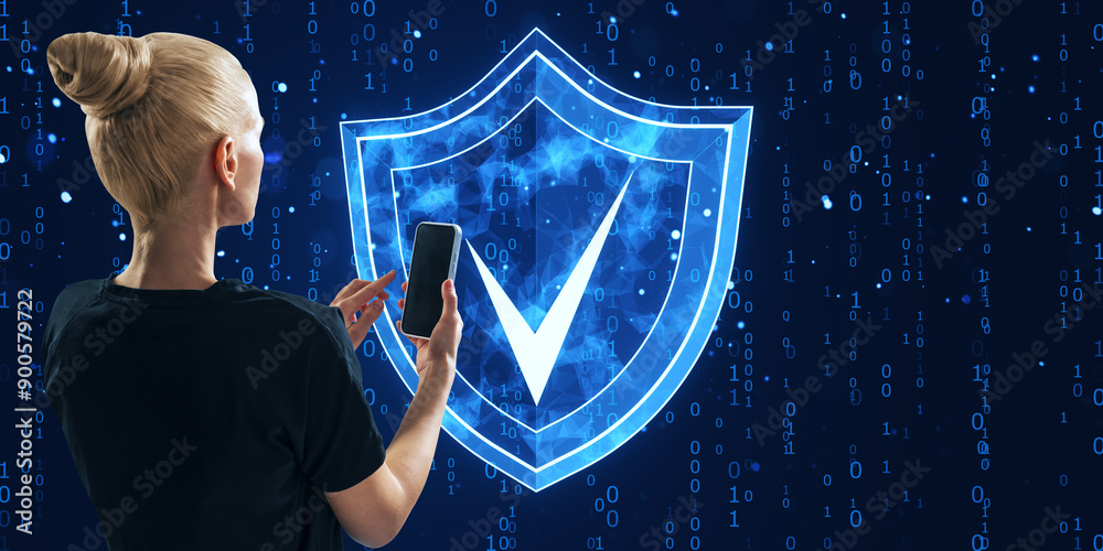 Poster Woman holding smartphone with digital shield and checkmark icon on binary code background.