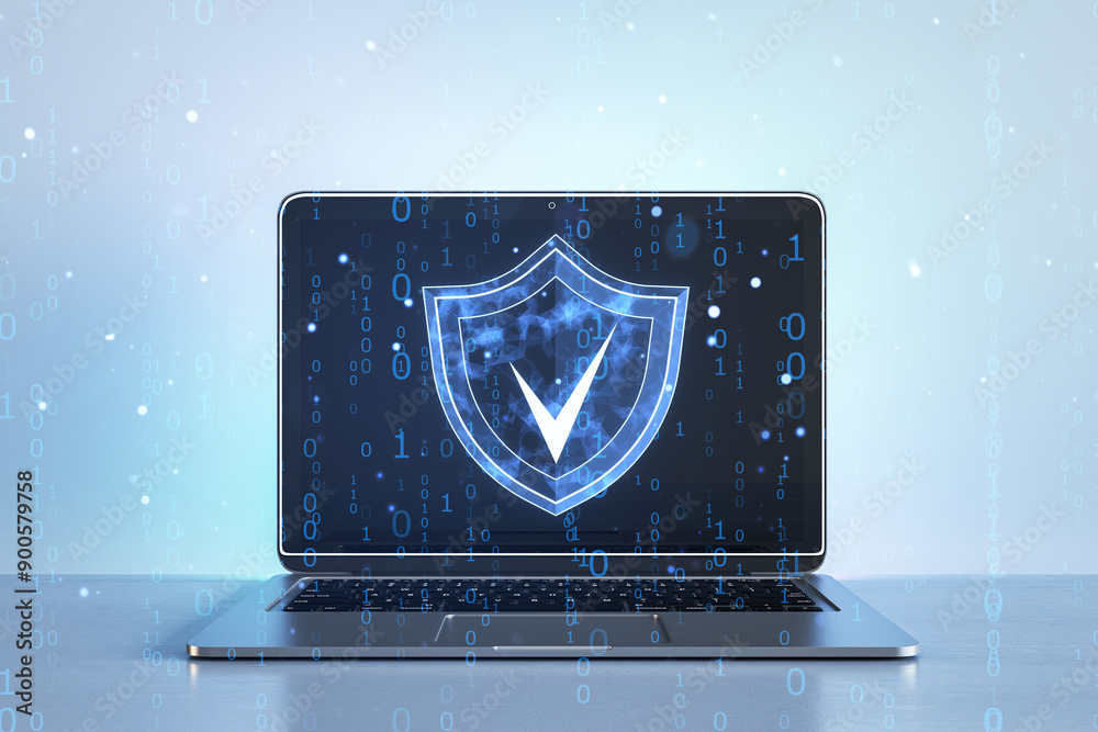 Aufkleber Digital shield icon on laptop screen with binary code floating around.