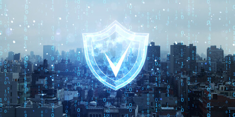 Cybersecurity concept with neon shield and checkmark icon overlaying cityscape background.