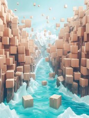 Obraz premium Surreal River of Light Transporting Glowing Packages in Fantasy Landscape