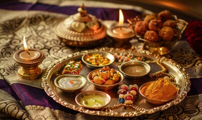 Fototapeta premium Traditional Indian Festive Thali with Sweets and Rakhi Decoration