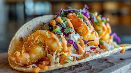 Delicious tempura shrimp tacos topped with fresh cabbage slaw and zesty sauce served in a lively dining setting