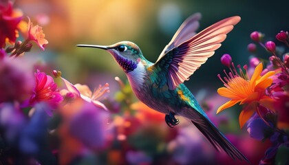 Fototapeta premium A hummingbird hovers mid flight in a colorful garden