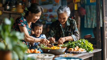 Family of Vietnam. Vietnamese.A joyful family scene depicting two women and a young boy enthusiastically preparing fresh vegetables and fruits together in a cozy kitchen setting, celebrating tra #cotw - Powered by Adobe