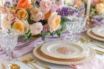 Wedding table setting. A minimalist artwork for weddings using Golden Yellow, Warm Pink, and Soft Purple. Highlights color contrast and harmony, ideal for sophisticated wedding visuals.
