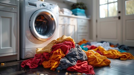 image of dirty laundry piled up next to a washing machine, symbolizing the concept of laundry and cleanliness