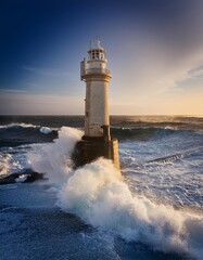 A lighthouse stands tall against crashing waves