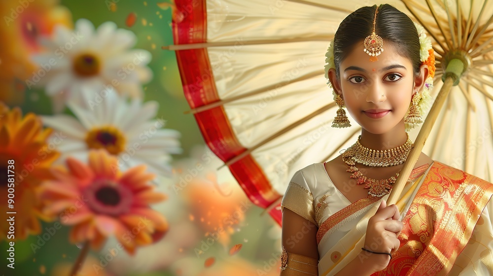 Wall mural picture of young south indian girl wearing beautful cotton saree. generative ai.