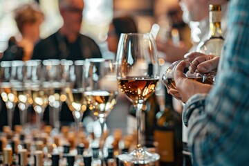wine tasting event with guests holding glasses and chatting, with a selection of wines on display, 