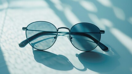 Black round sunglasses on a white surface. AI generated.