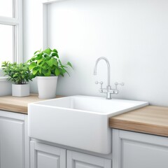 Fototapeta premium Modern kitchen with a farmhouse sink, 3D isometric render, blend of styles