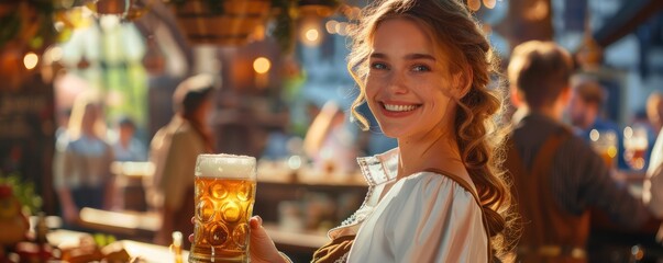 Woman in dirndl serving beer and snacks with a warm smile amidst Oktoberfest festivities.